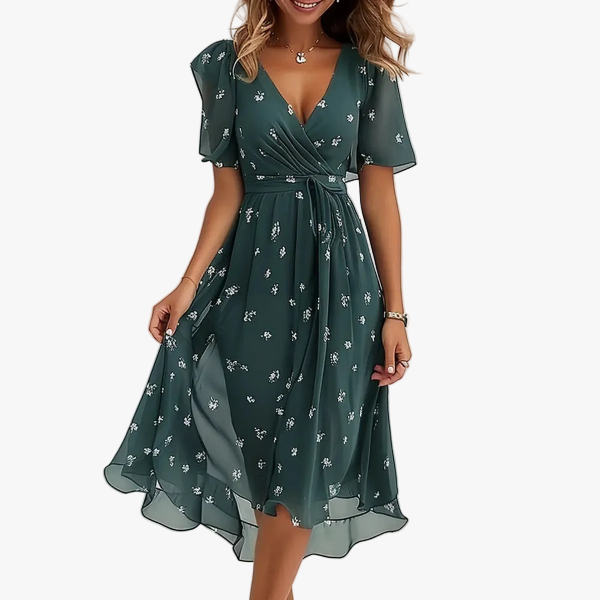 Women's Chiffon Midi Dress with V Neck and Waist Tie