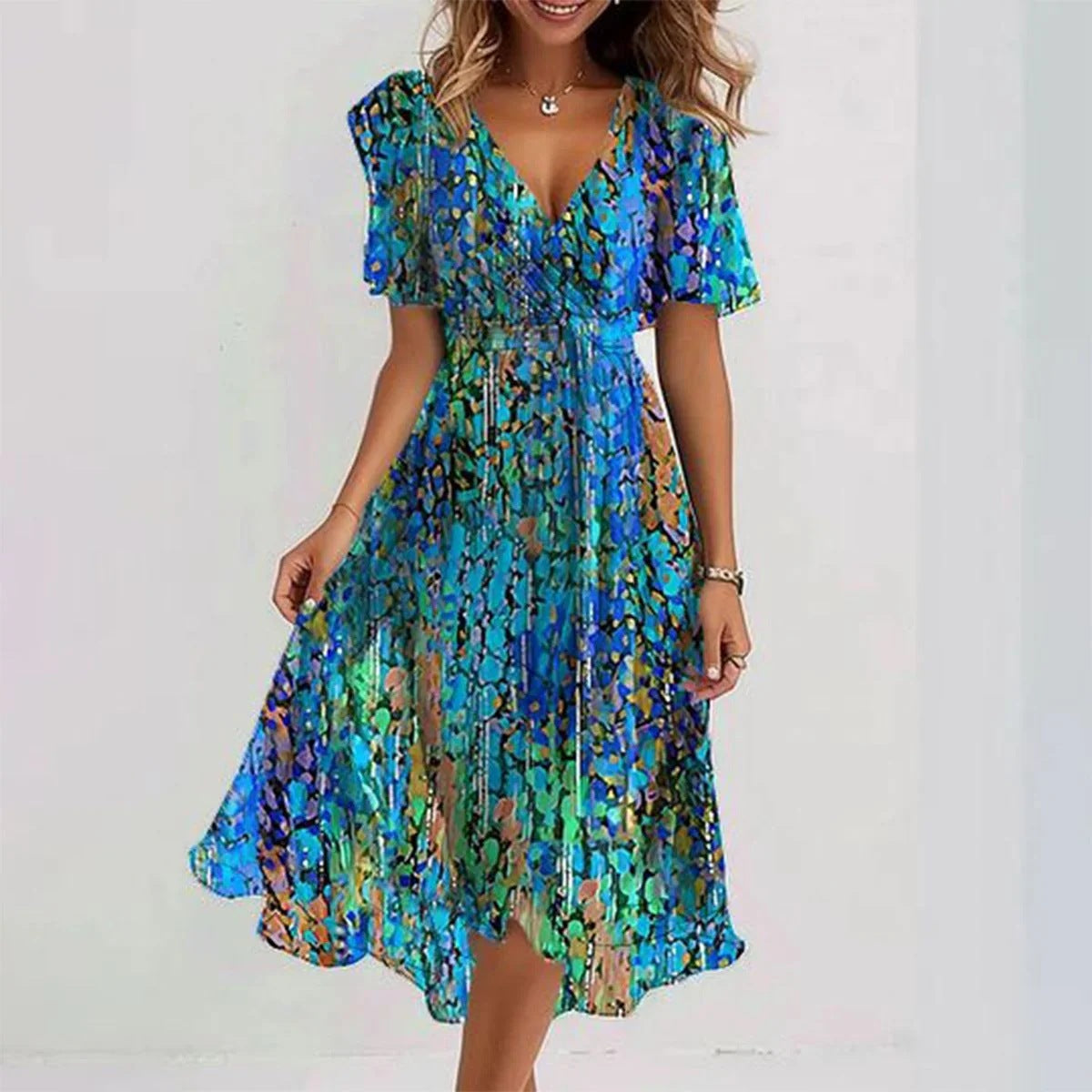 Women's Chiffon Midi Dress with V Neck and Waist Tie