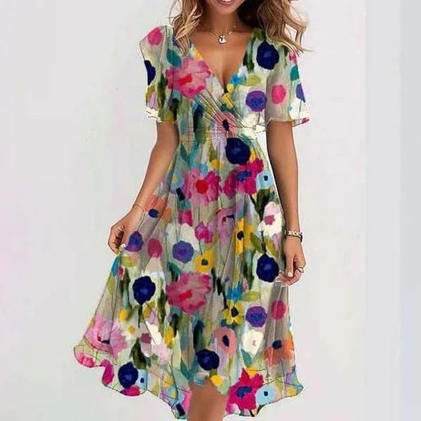 Women's Chiffon Midi Dress with V Neck and Waist Tie