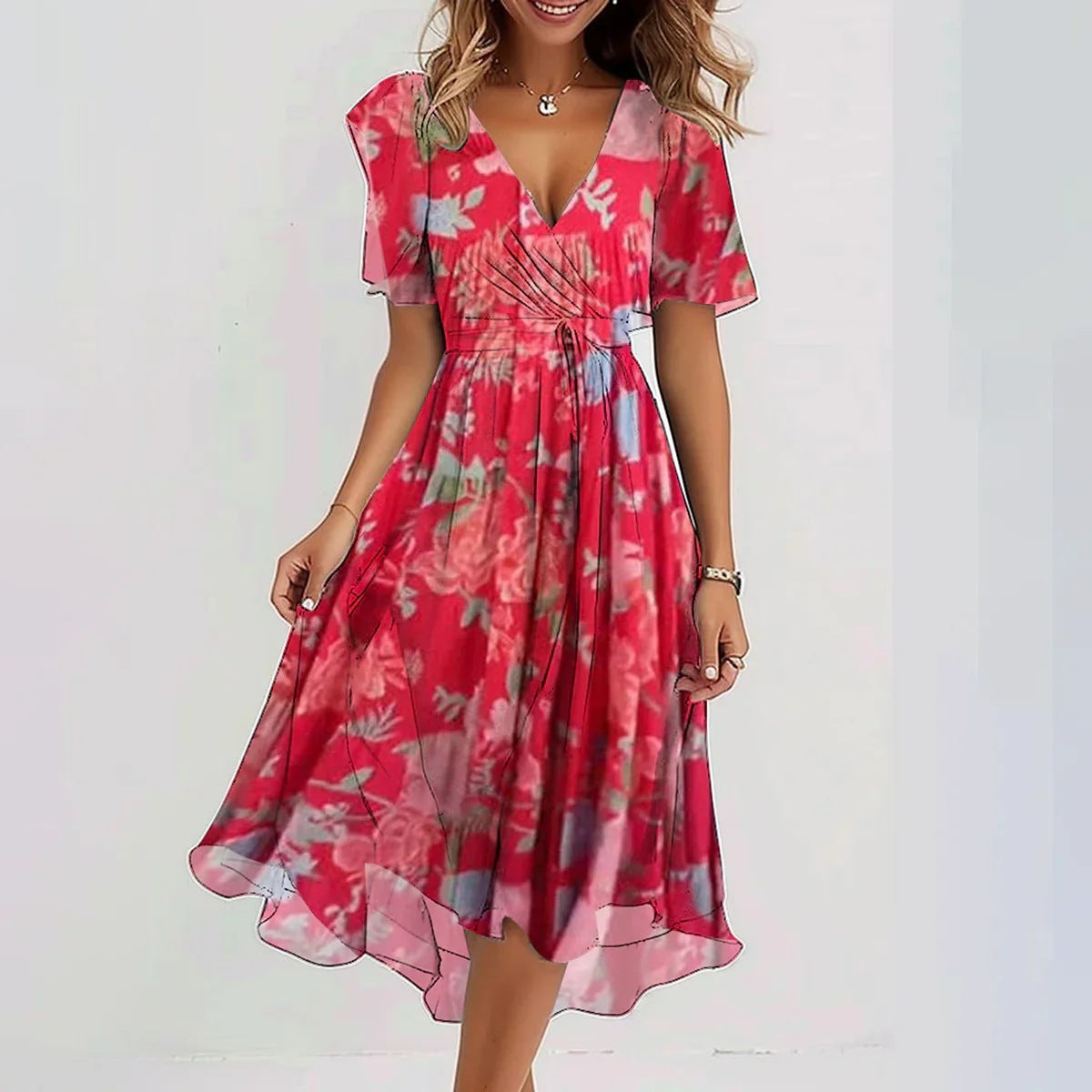 Women's Chiffon Midi Dress with V Neck and Waist Tie