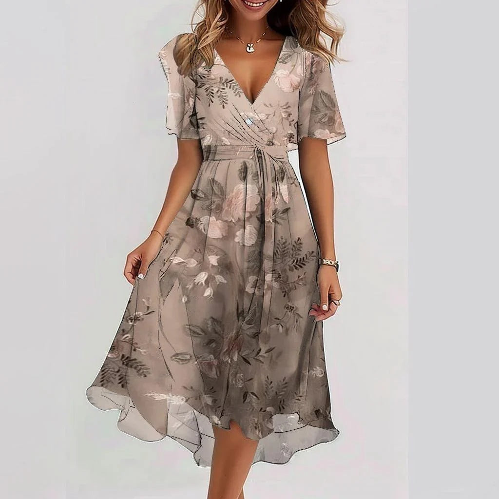 Women's Chiffon Midi Dress with V Neck and Waist Tie