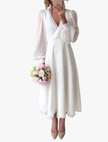 Women's Chiffon Midi Dress with Wrap V Neck and Puff Sleeves