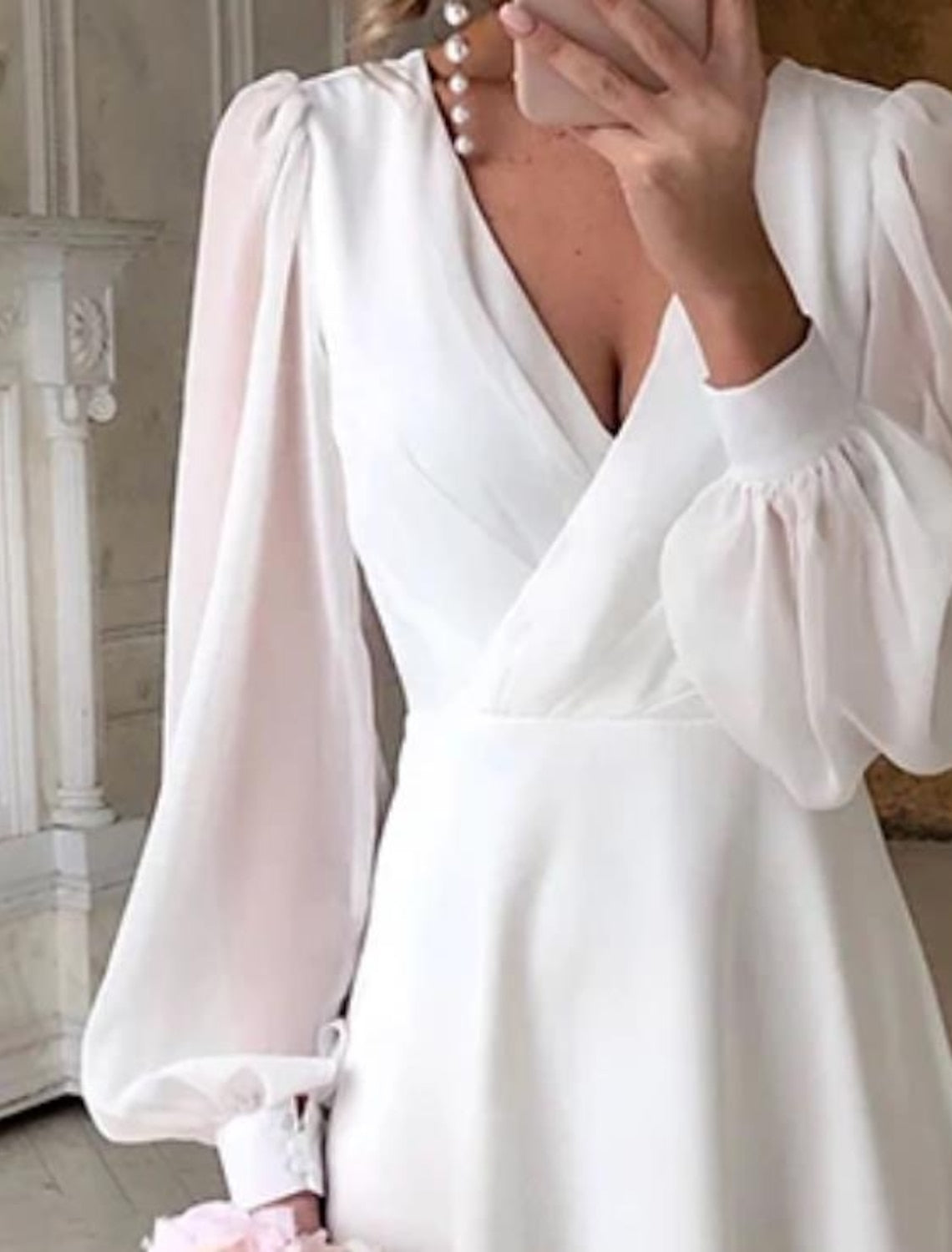 Women's Chiffon Midi Dress with Wrap V Neck and Puff Sleeves