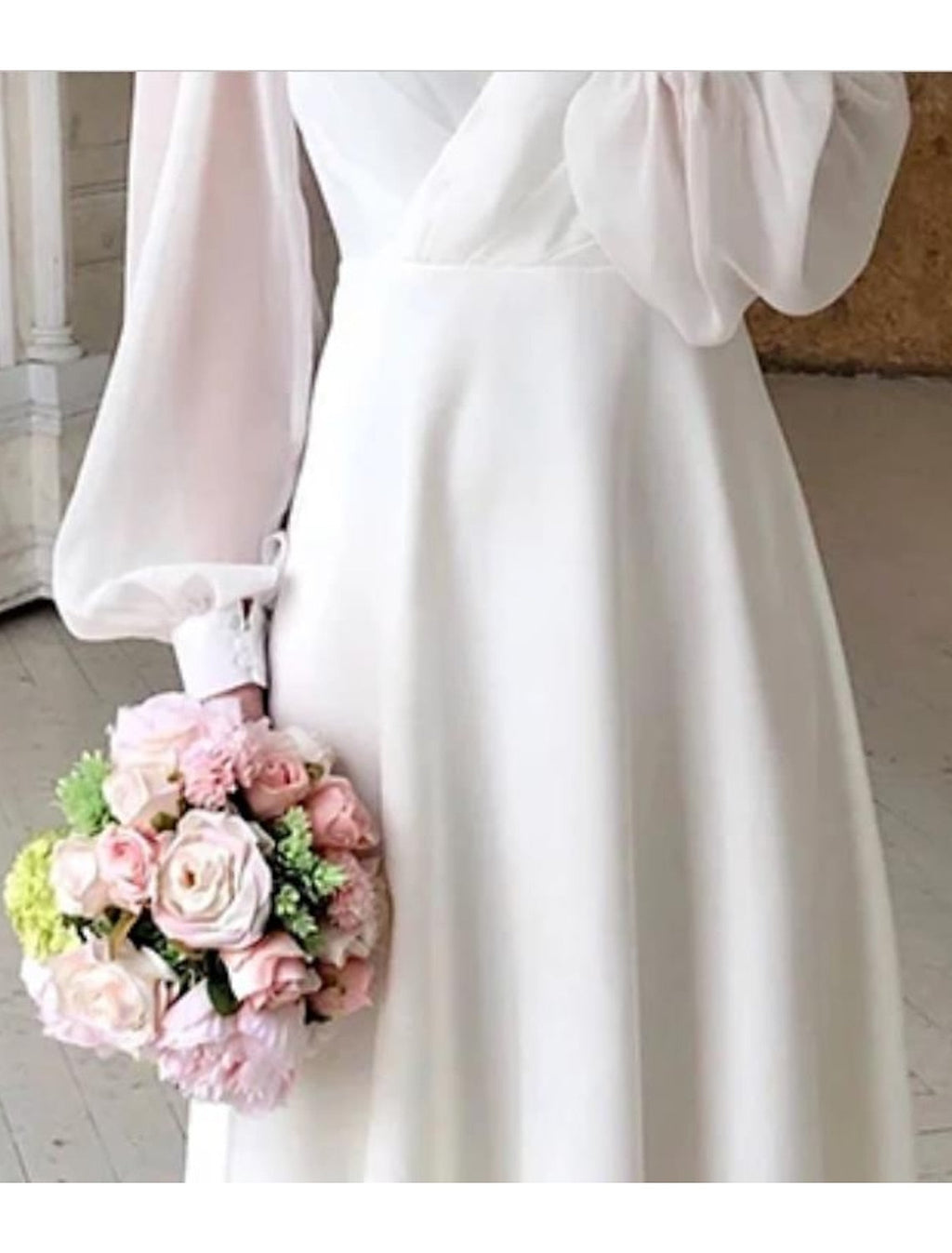 Women's Chiffon Midi Dress with Wrap V Neck and Puff Sleeves