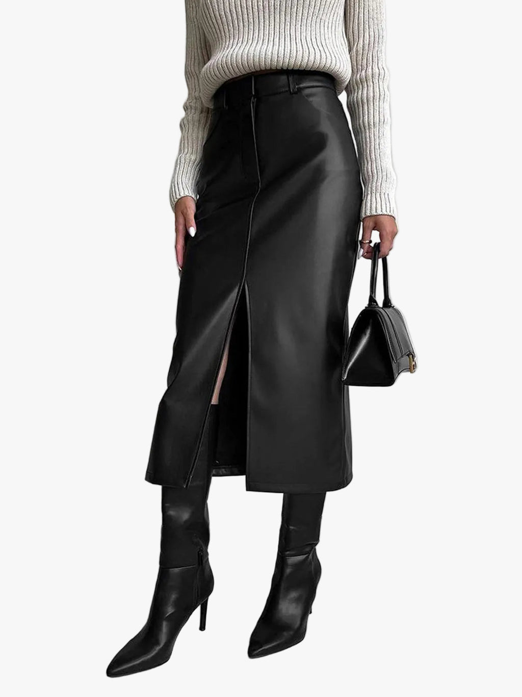 Women's City Midi Skirt in Coated Faux Material with Front Slit