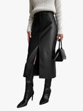 Women's City Midi Skirt in Coated Faux Material with Front Slit