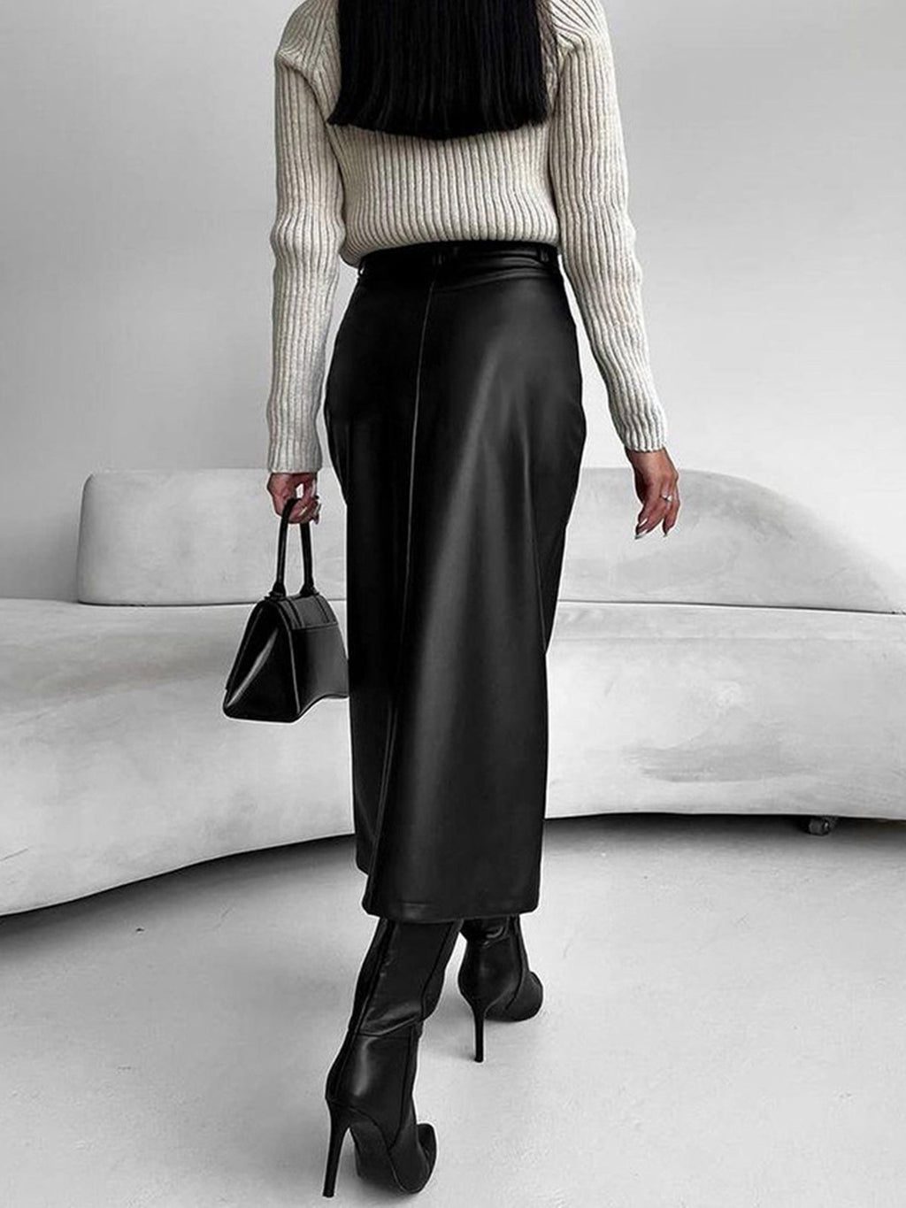 Women's City Midi Skirt in Coated Faux Material with Front Slit