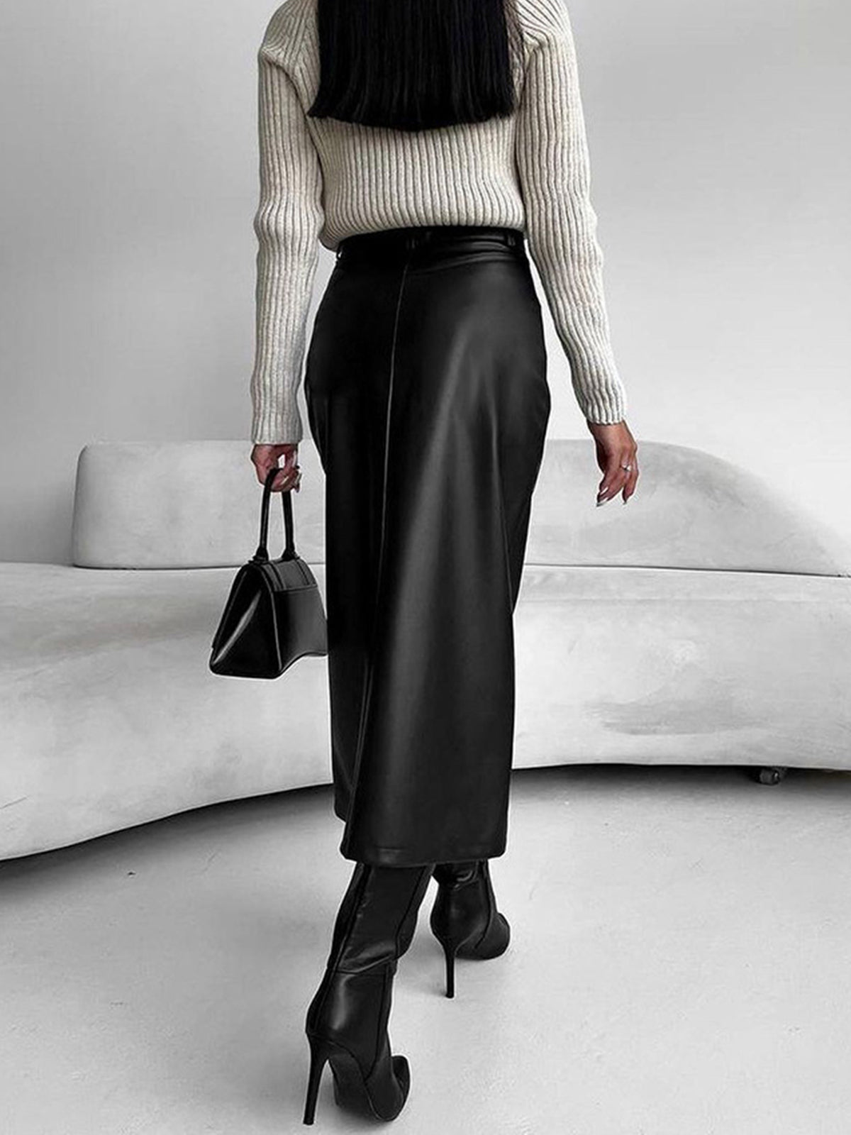 Women's City Midi Skirt in Coated Faux Material with Front Slit