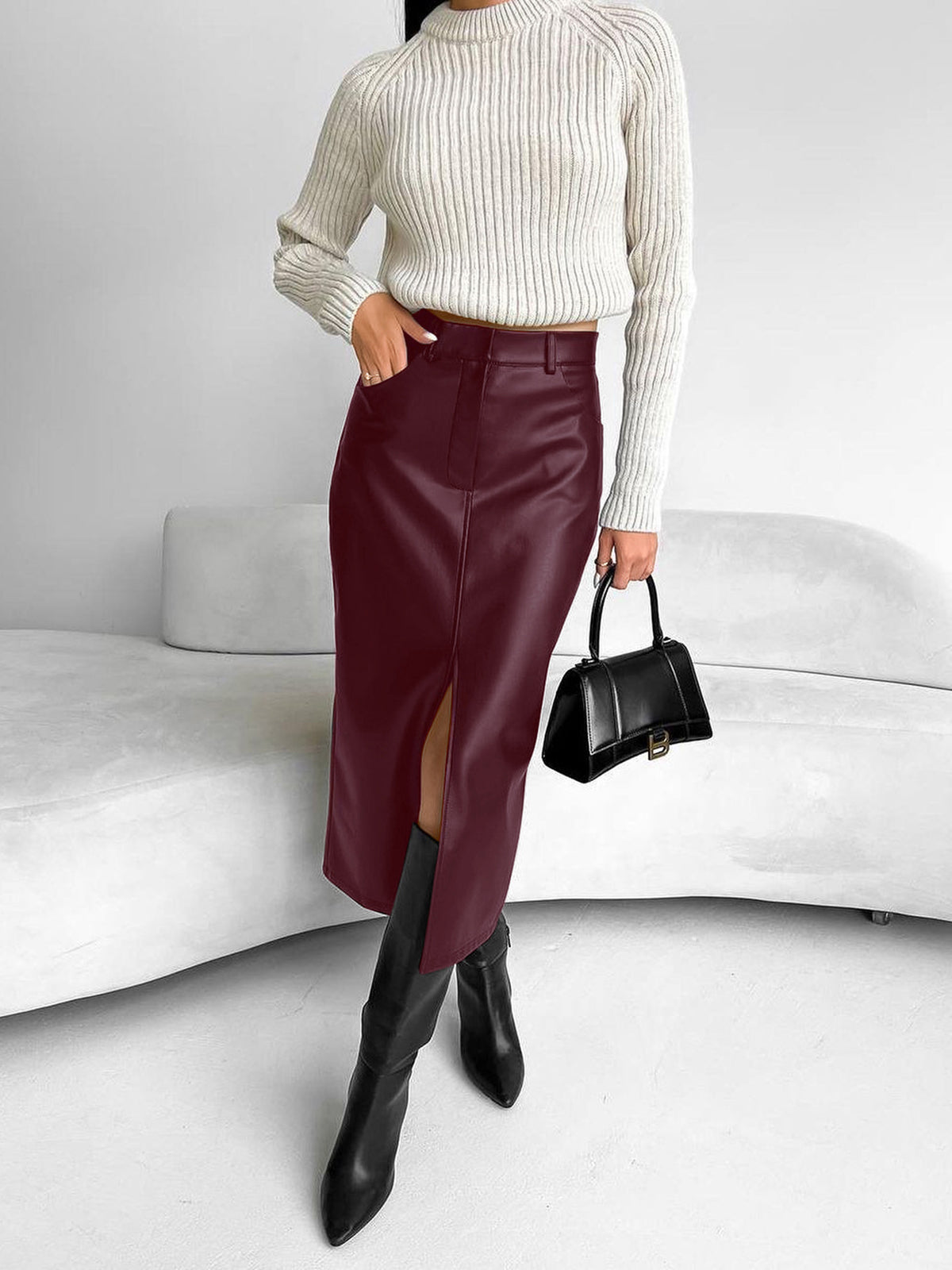 Women's City Midi Skirt in Coated Faux Material with Front Slit