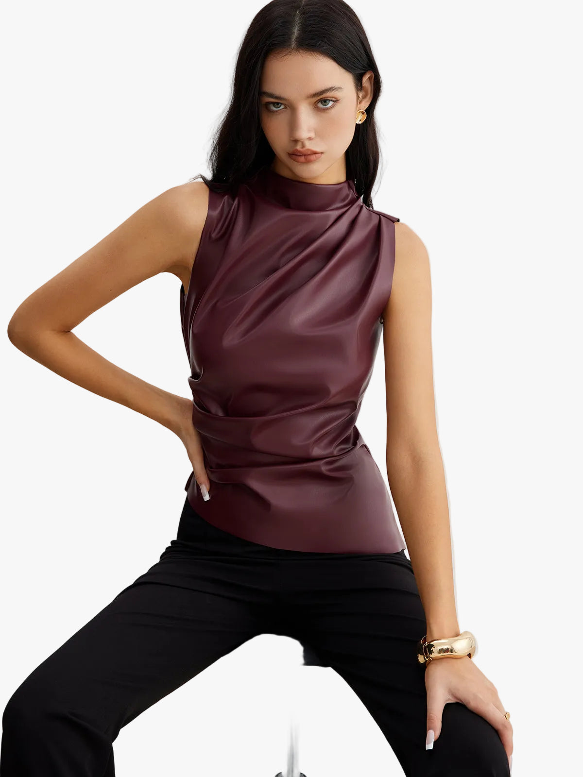 Women's Coated Knit Top with High Neck and Draped Front
