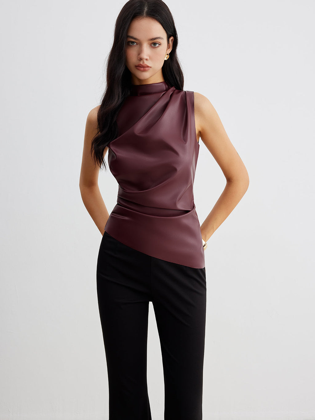 Women's Coated Knit Top with High Neck and Draped Front