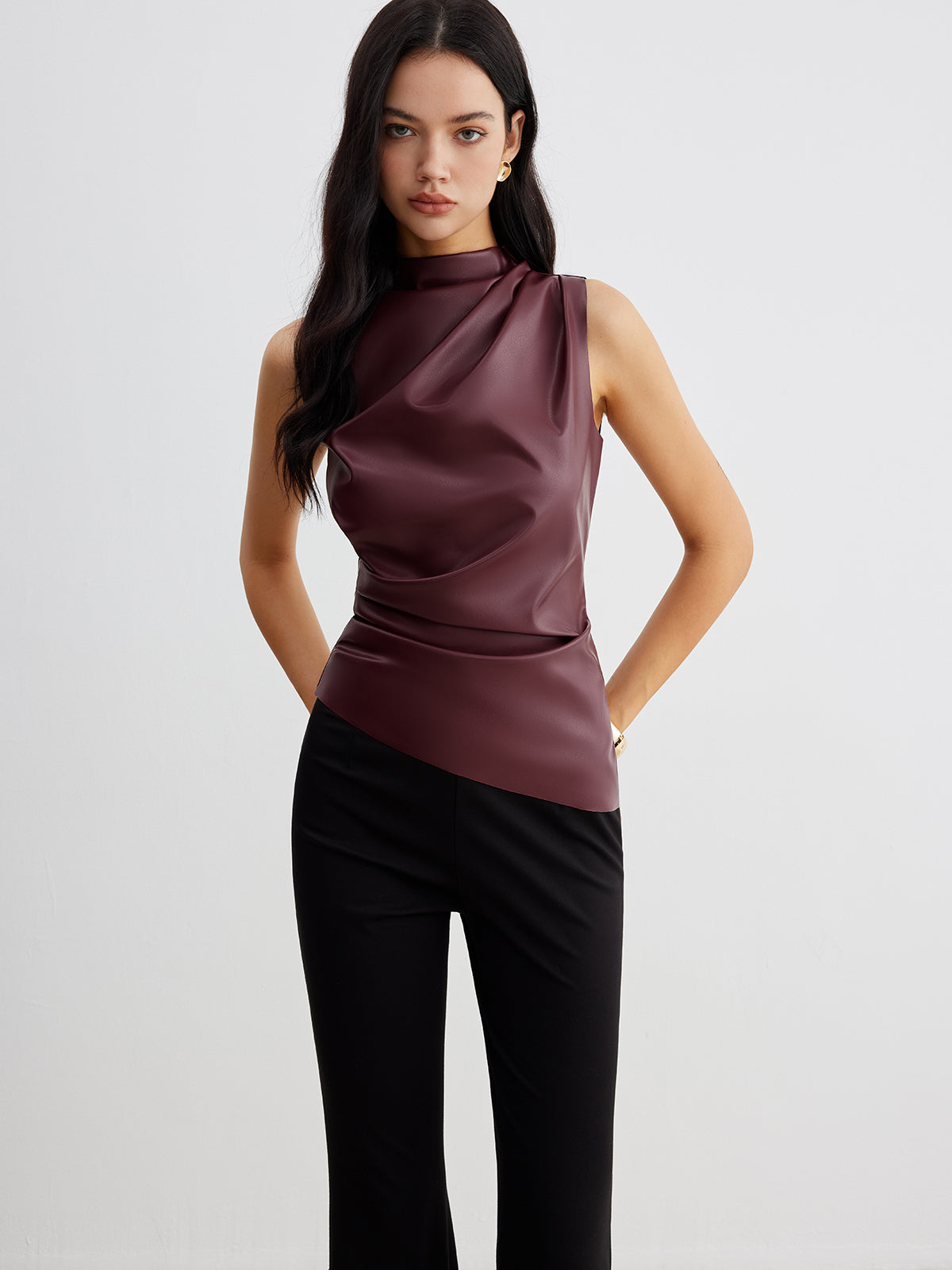 Women's Coated Knit Top with High Neck and Draped Front