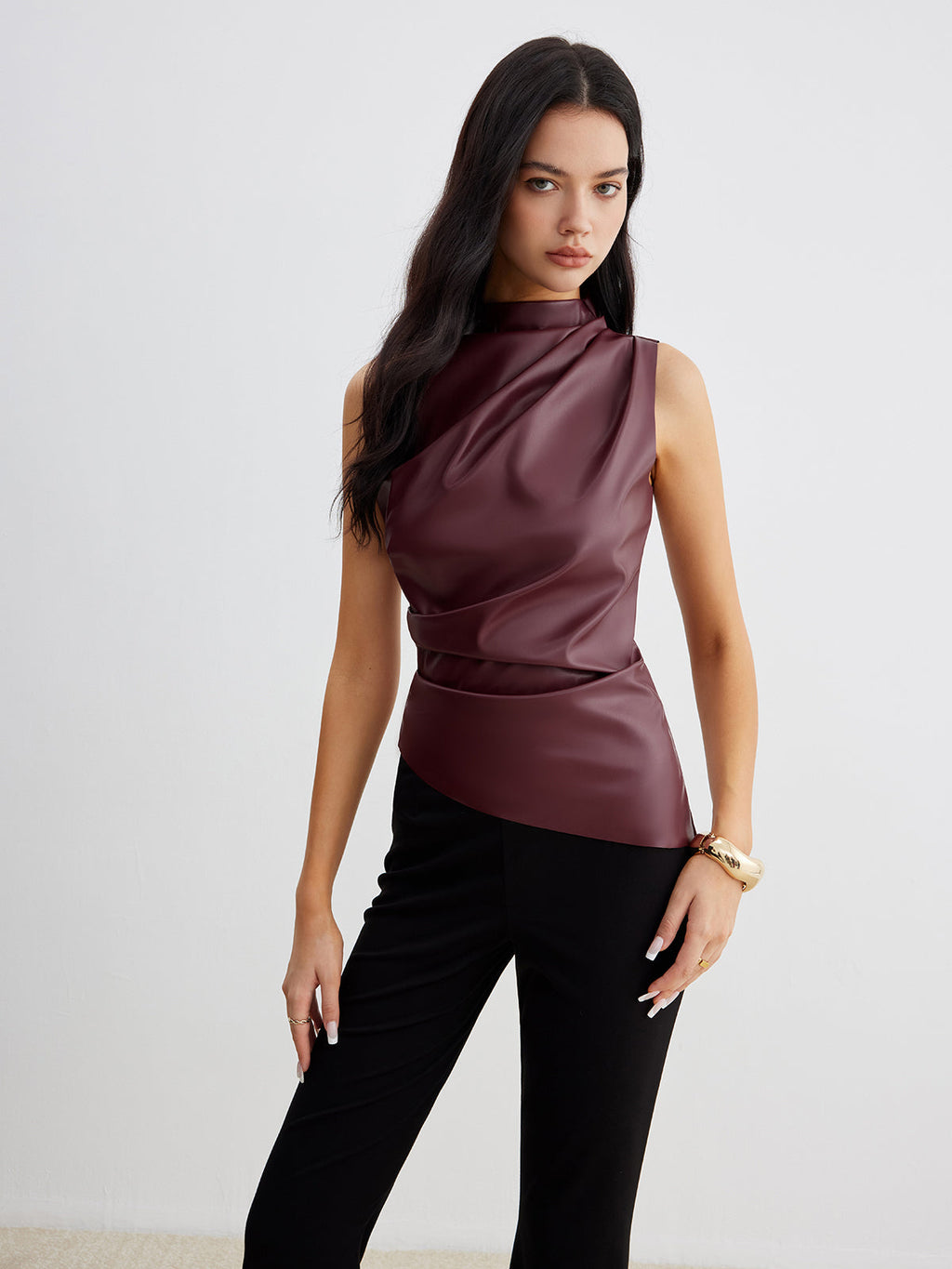 Women's Coated Knit Top with High Neck and Draped Front