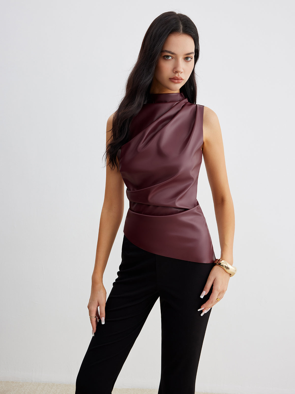 Women's Coated Knit Top with High Neck and Draped Front