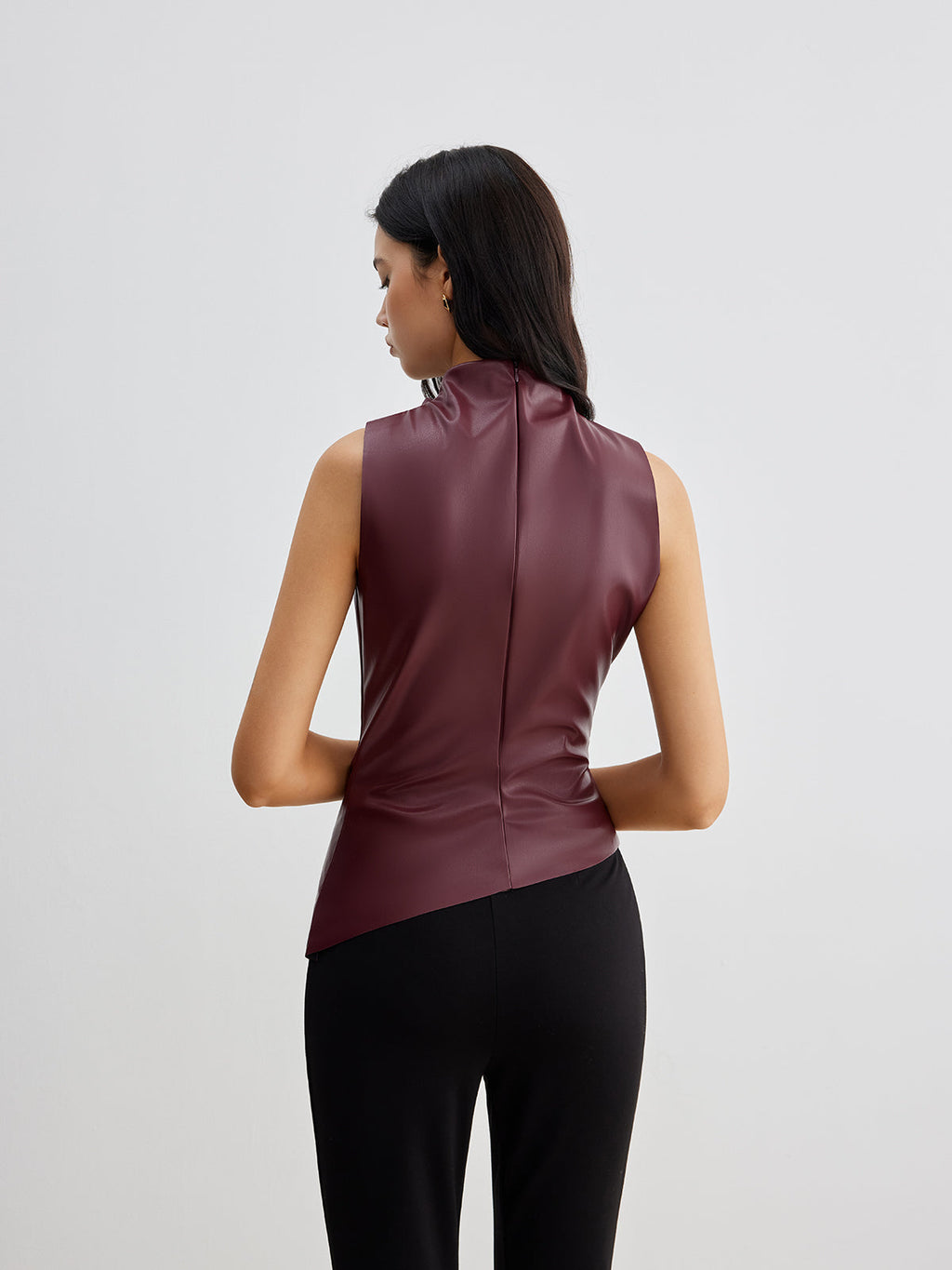 Women's Coated Knit Top with High Neck and Draped Front