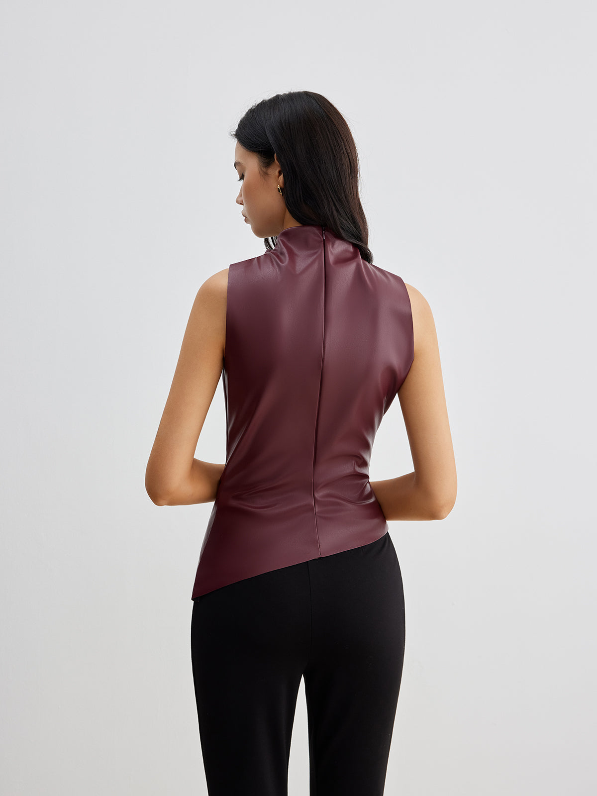 Women's Coated Knit Top with High Neck and Draped Front