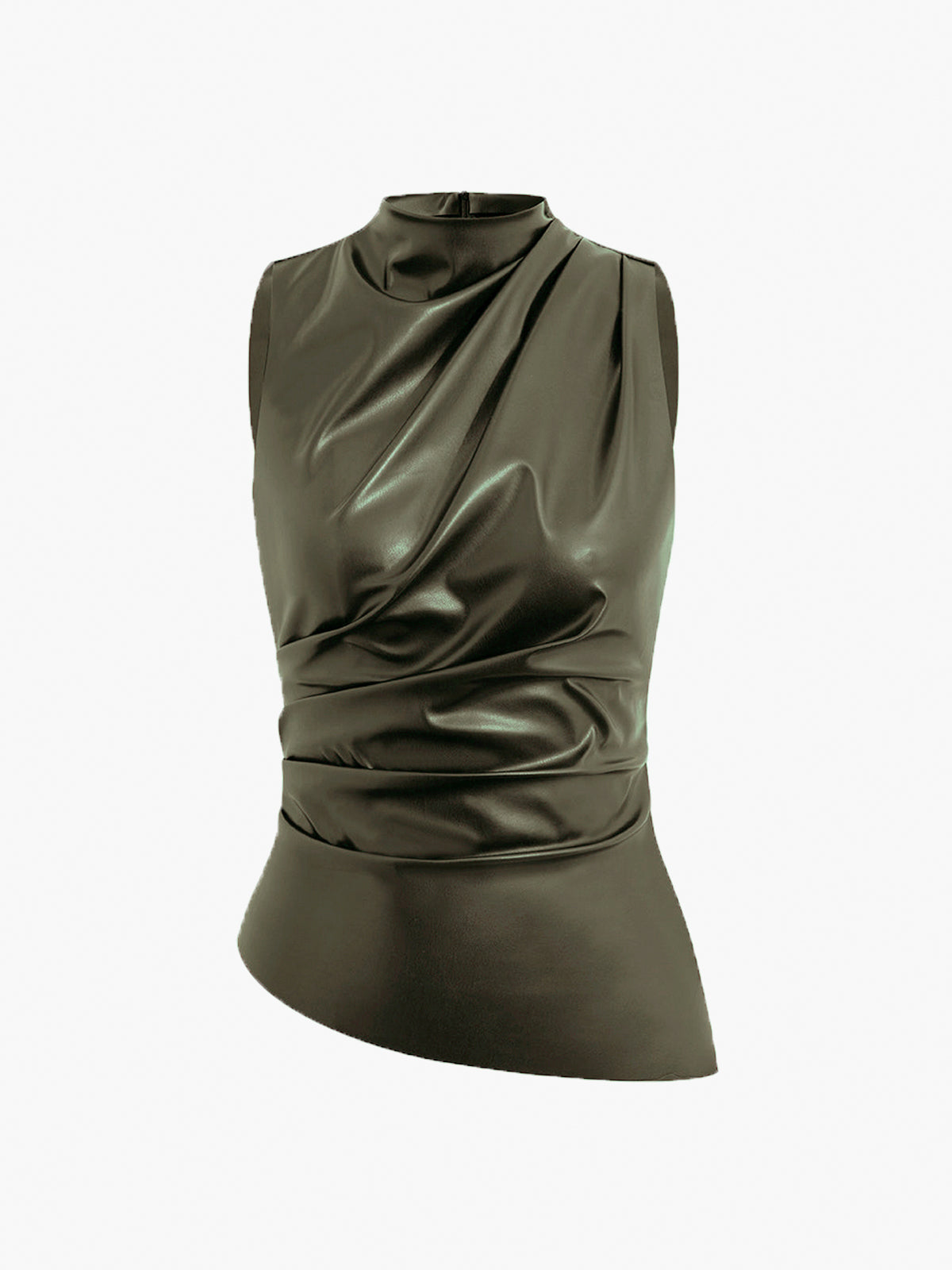 Women's Coated Knit Top with High Neck and Draped Front