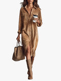 Women's Corduroy Shirt Midi Dress with Button Front and Flap Pockets