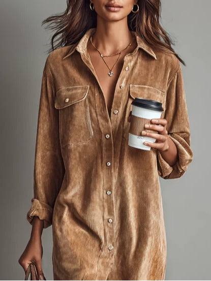 Women's Corduroy Shirt Midi Dress with Button Front and Flap Pockets