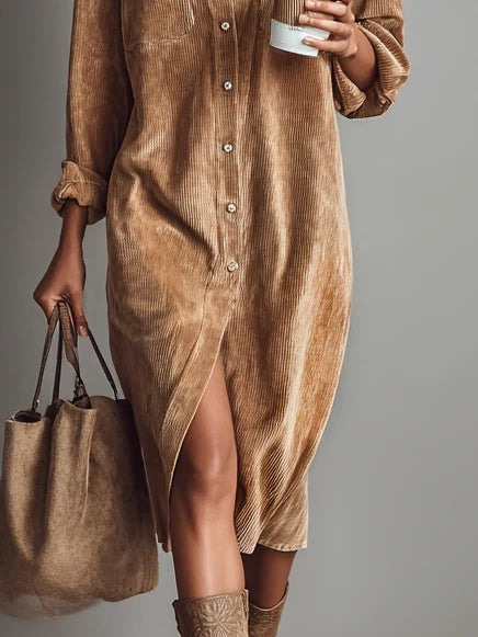 Women's Corduroy Shirt Midi Dress with Button Front and Flap Pockets