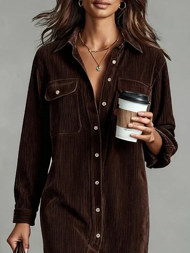 Women's Corduroy Shirt Midi Dress with Button Front and Flap Pockets