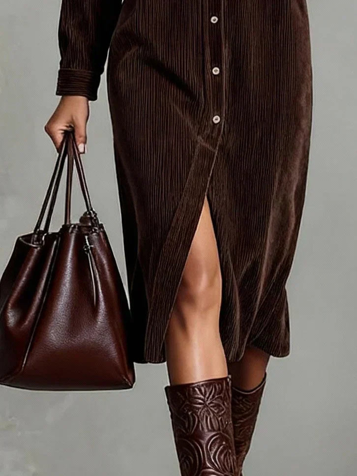 Women's Corduroy Shirt Midi Dress with Button Front and Flap Pockets