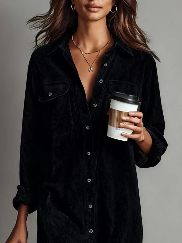 Women's Corduroy Shirt Midi Dress with Button Front and Flap Pockets