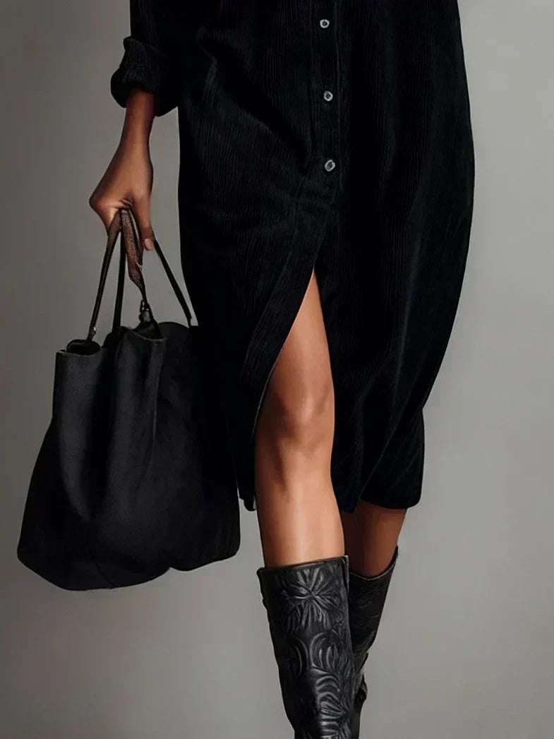 Women's Corduroy Shirt Midi Dress with Button Front and Flap Pockets