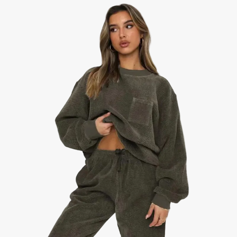 Women's Corduroy-Style Knit Tracksuit with Crewneck and Drawstring Joggers