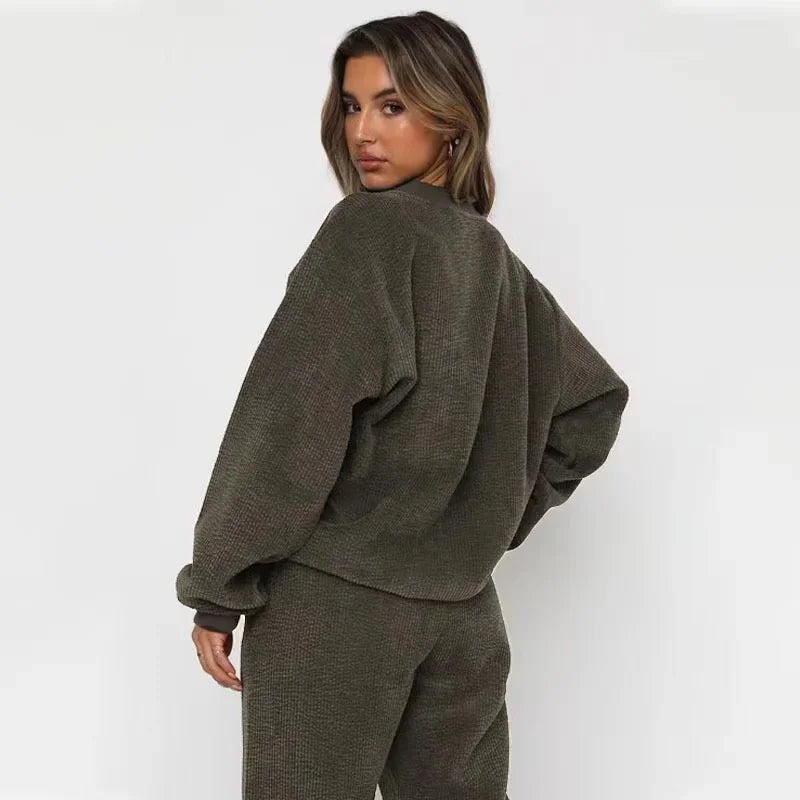 Women's Corduroy-Style Knit Tracksuit with Crewneck and Drawstring Joggers