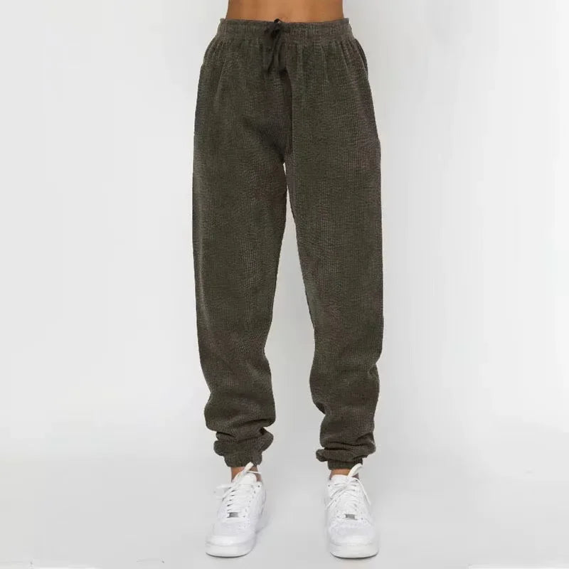 Women's Corduroy-Style Knit Tracksuit with Crewneck and Drawstring Joggers