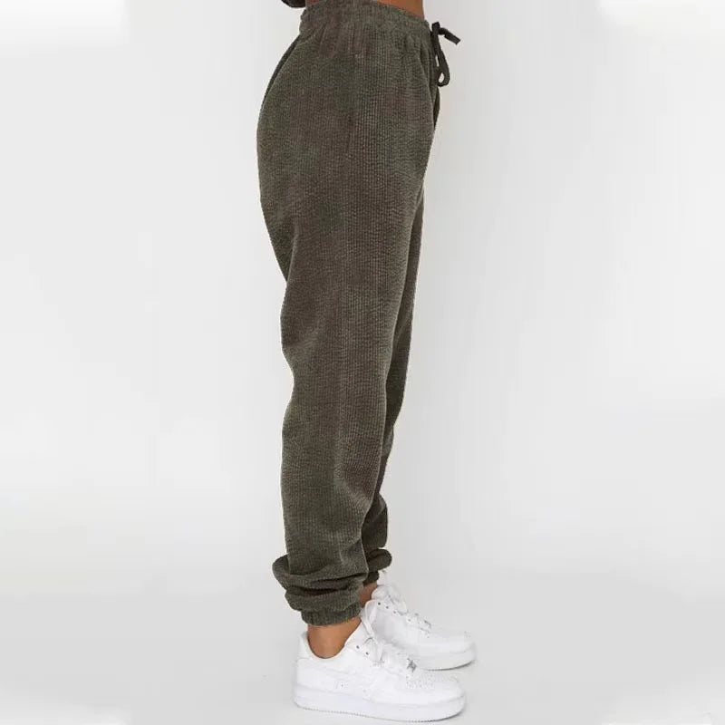 Women's Corduroy-Style Knit Tracksuit with Crewneck and Drawstring Joggers
