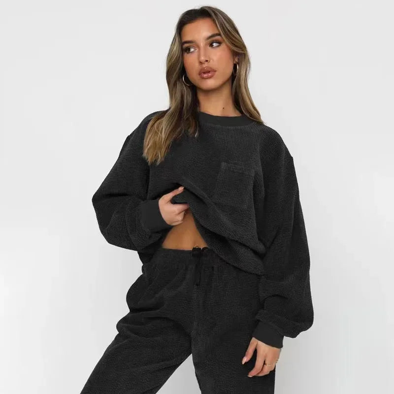 Women's Corduroy-Style Knit Tracksuit with Crewneck and Drawstring Joggers