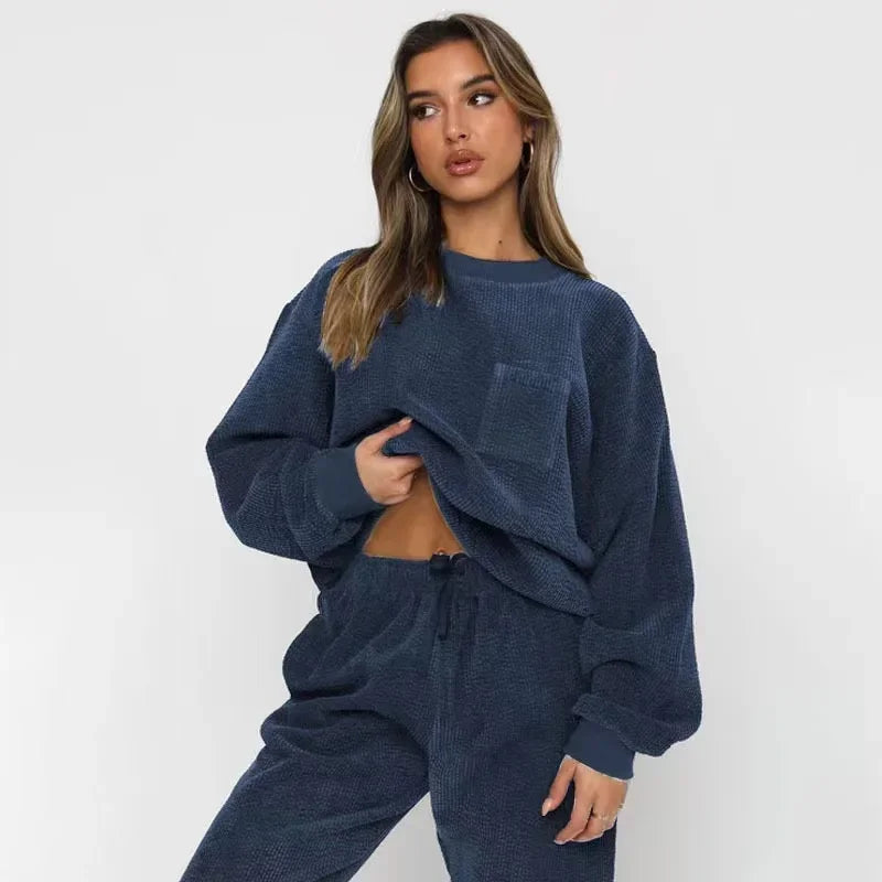 Women's Corduroy-Style Knit Tracksuit with Crewneck and Drawstring Joggers