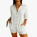Women's Crinkled Linen-Blend Blouse with Button Front and Roll-Tab Sleeves