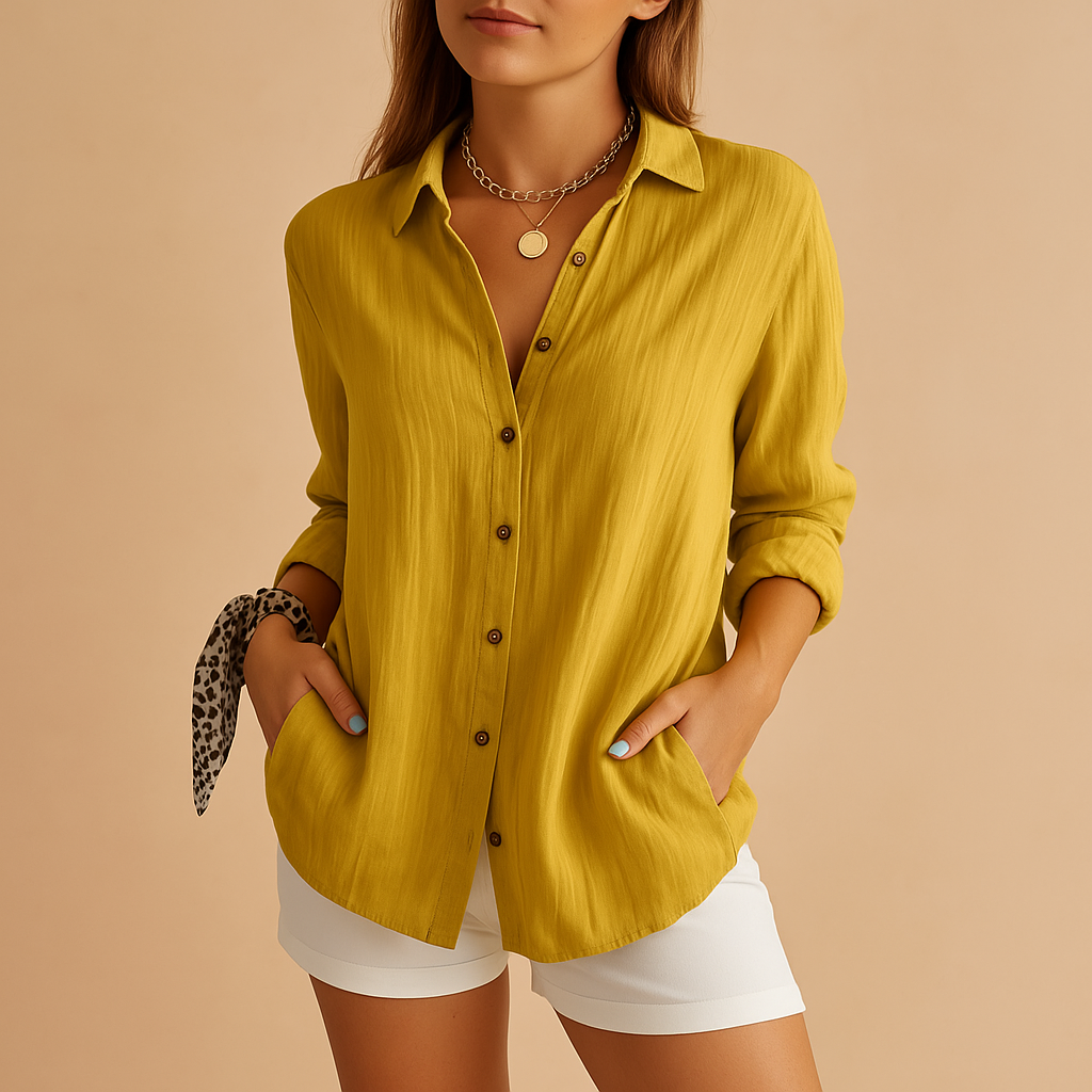 Women's Crinkled Linen-Blend Blouse with Button Front and Roll-Tab Sleeves
