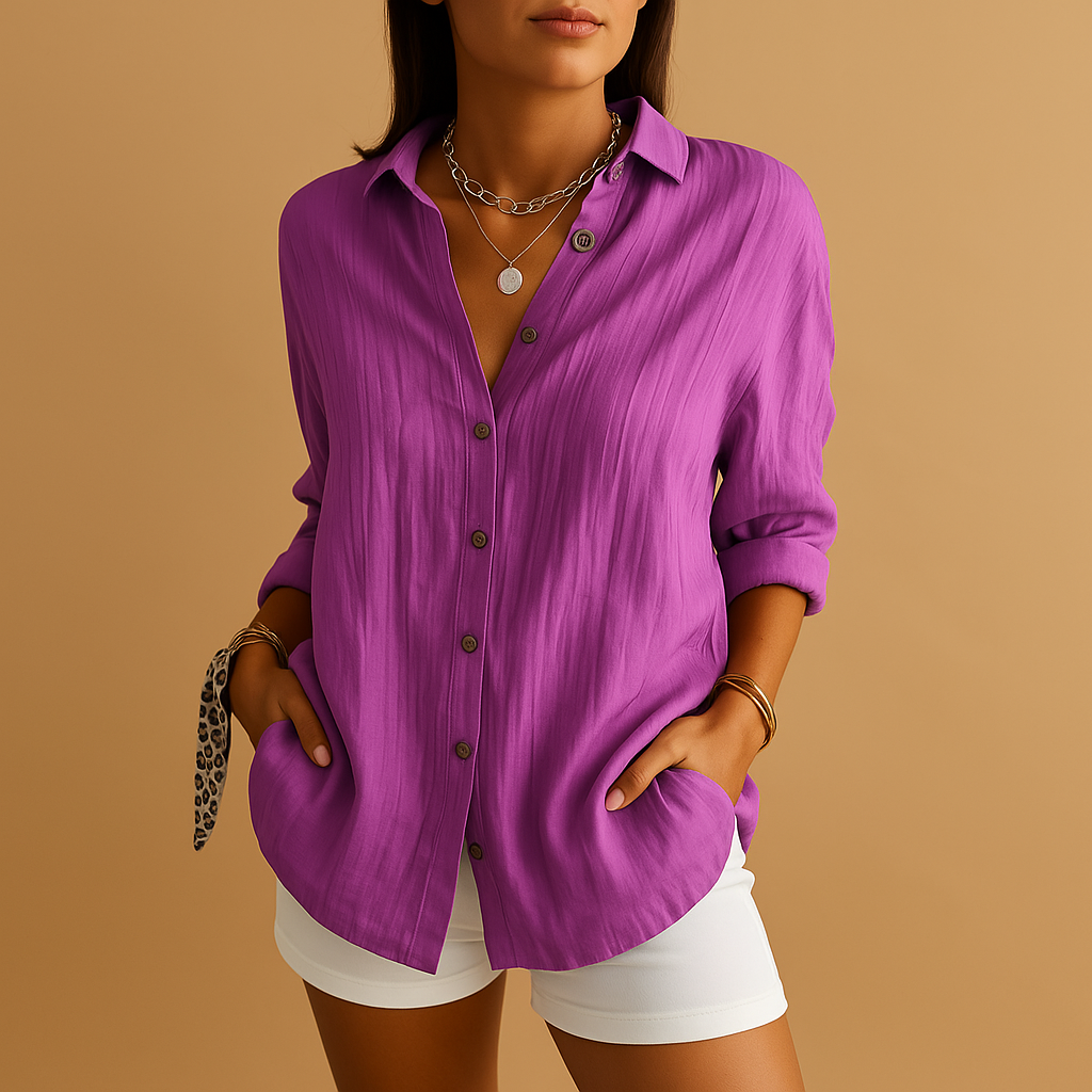 Women's Crinkled Linen-Blend Blouse with Button Front and Roll-Tab Sleeves