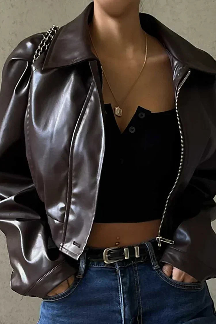 Women's Cropped Coated Jacket with Zip Front and Puff Sleeves