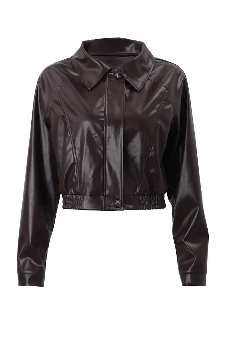 Women's Cropped Coated Jacket with Zip Front and Puff Sleeves