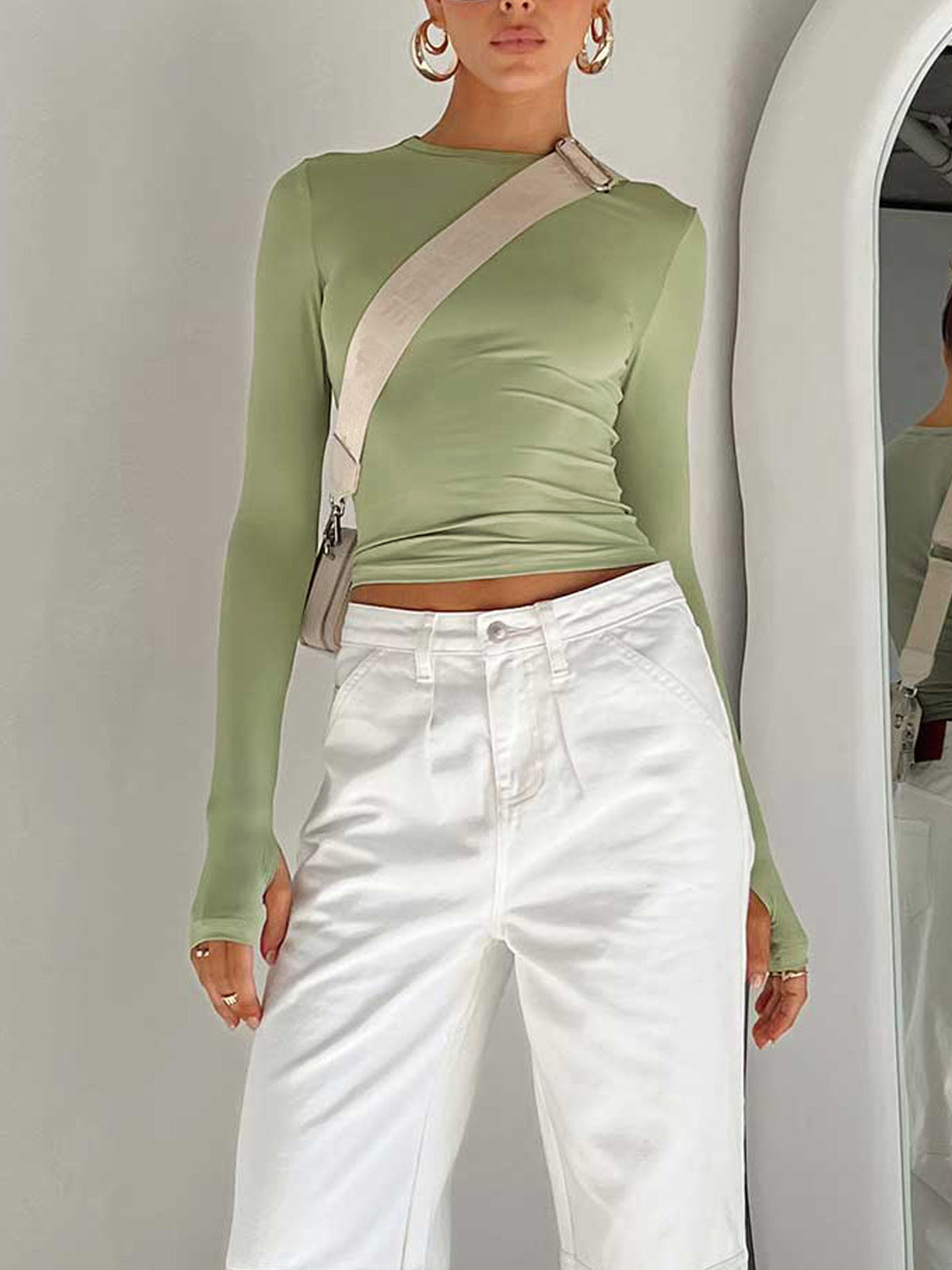 Women's Cropped Knit Top with Crew Neck and Thumbholes