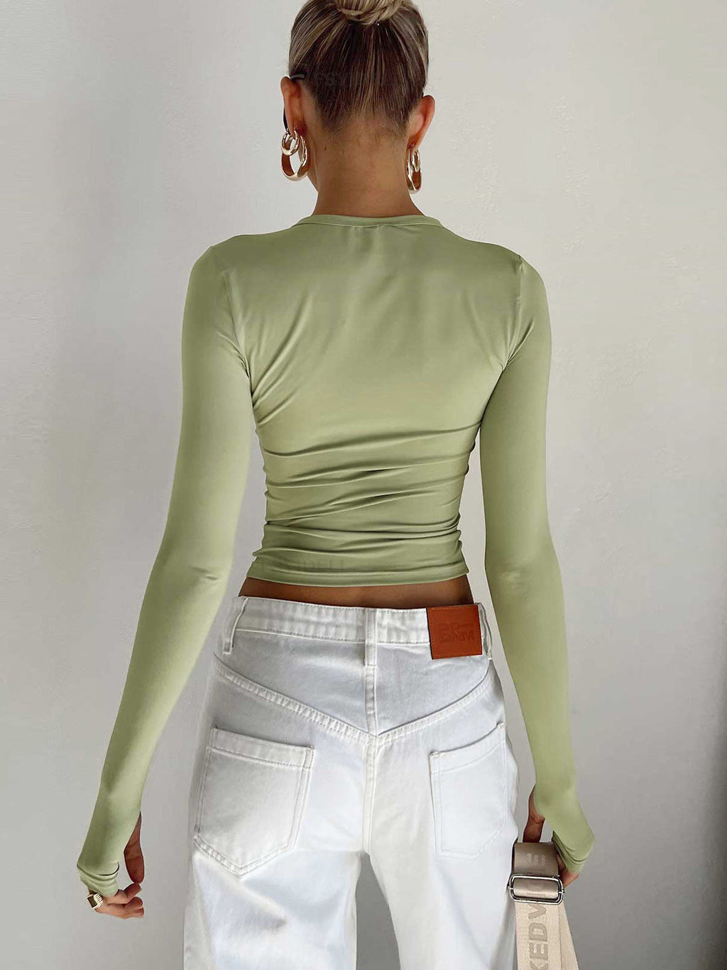 Women's Cropped Knit Top with Crew Neck and Thumbholes