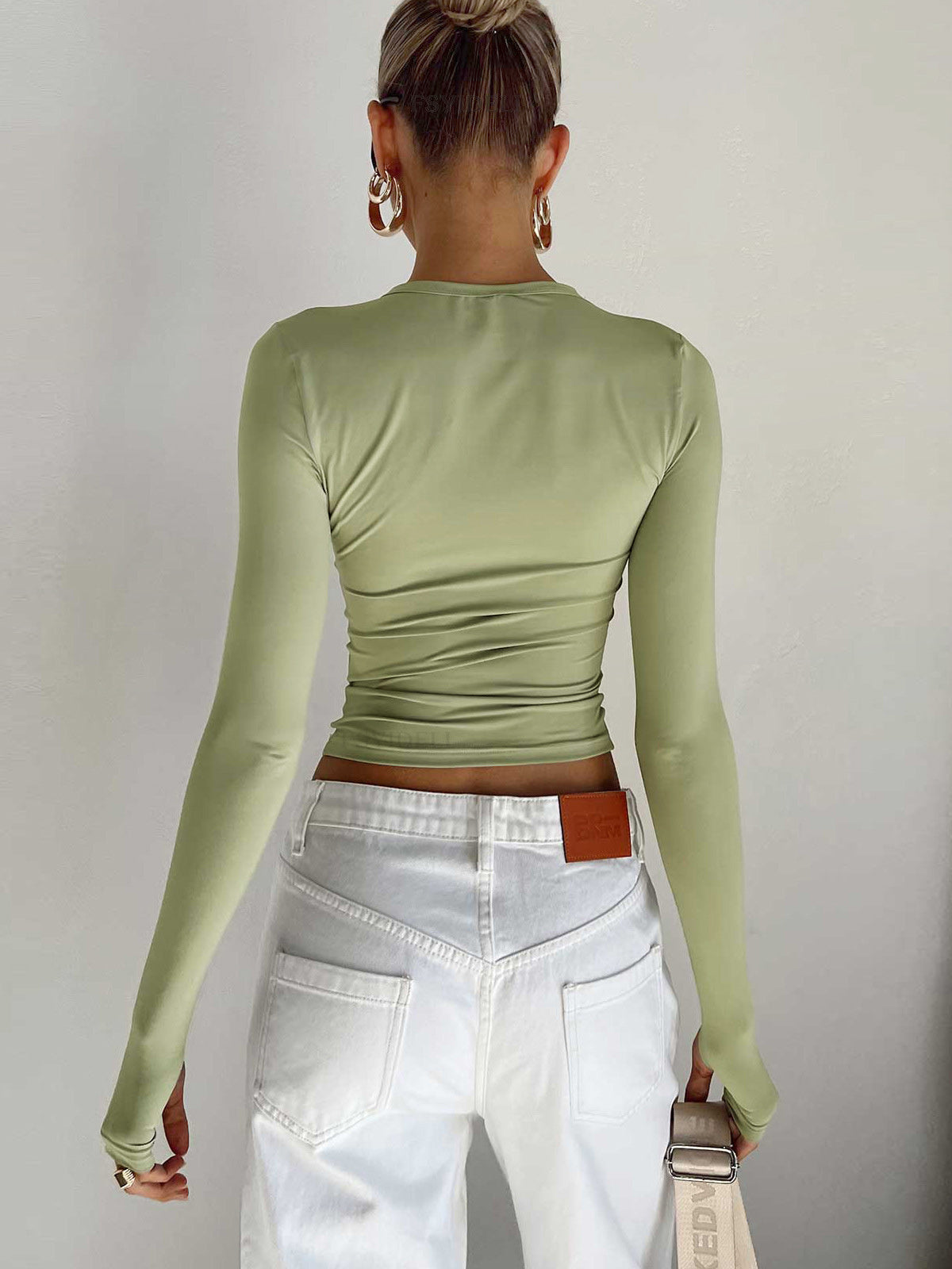 Women's Cropped Knit Top with Crew Neck and Thumbholes