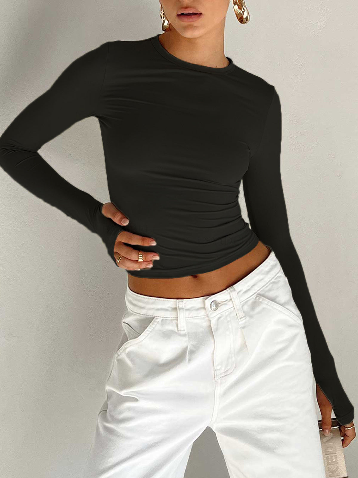 Women's Cropped Knit Top with Crew Neck and Thumbholes