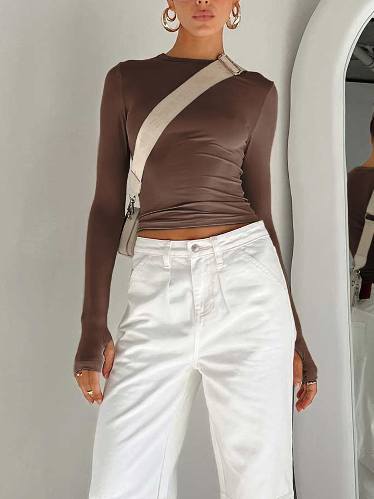 Women's Cropped Knit Top with Crew Neck and Thumbholes
