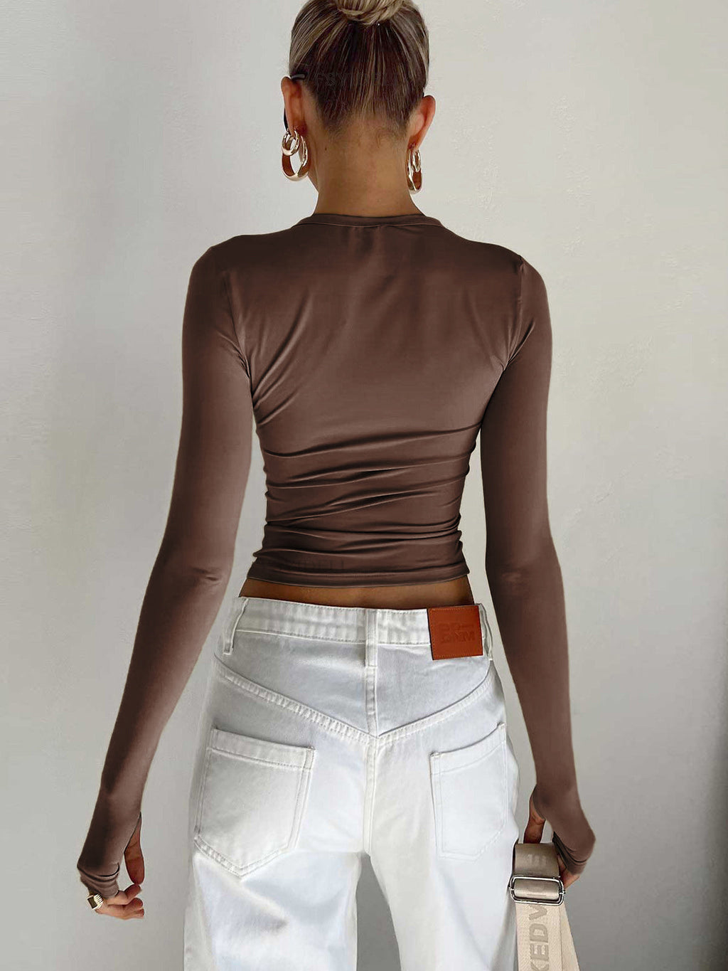 Women's Cropped Knit Top with Crew Neck and Thumbholes