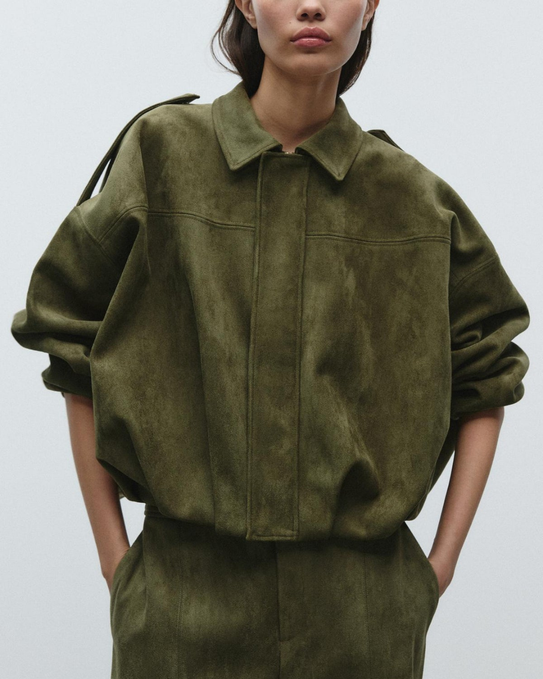 Women's Cropped Suede-Like Jacket with Point Collar and Shoulder Tabs