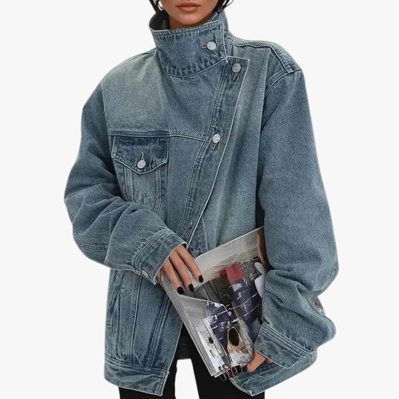 Women's Denim Jacket with Asymmetric Buttons and Stand Collar