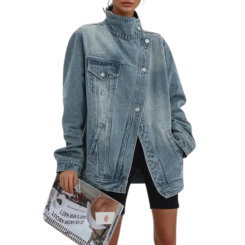 Women's Denim Jacket with Asymmetric Buttons and Stand Collar