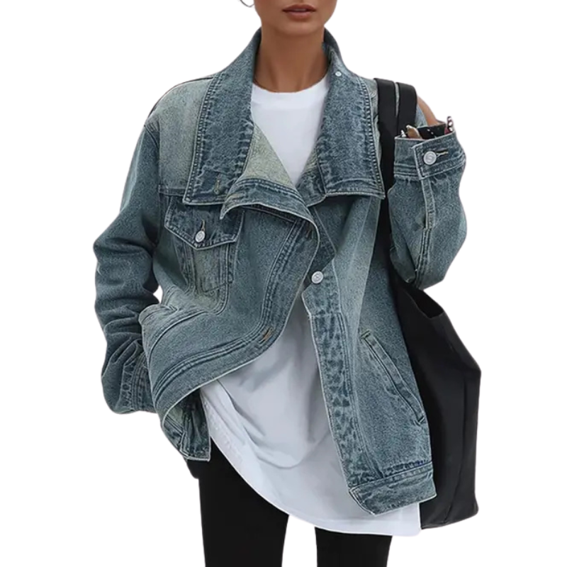 Women's Denim Jacket with Asymmetric Buttons and Stand Collar