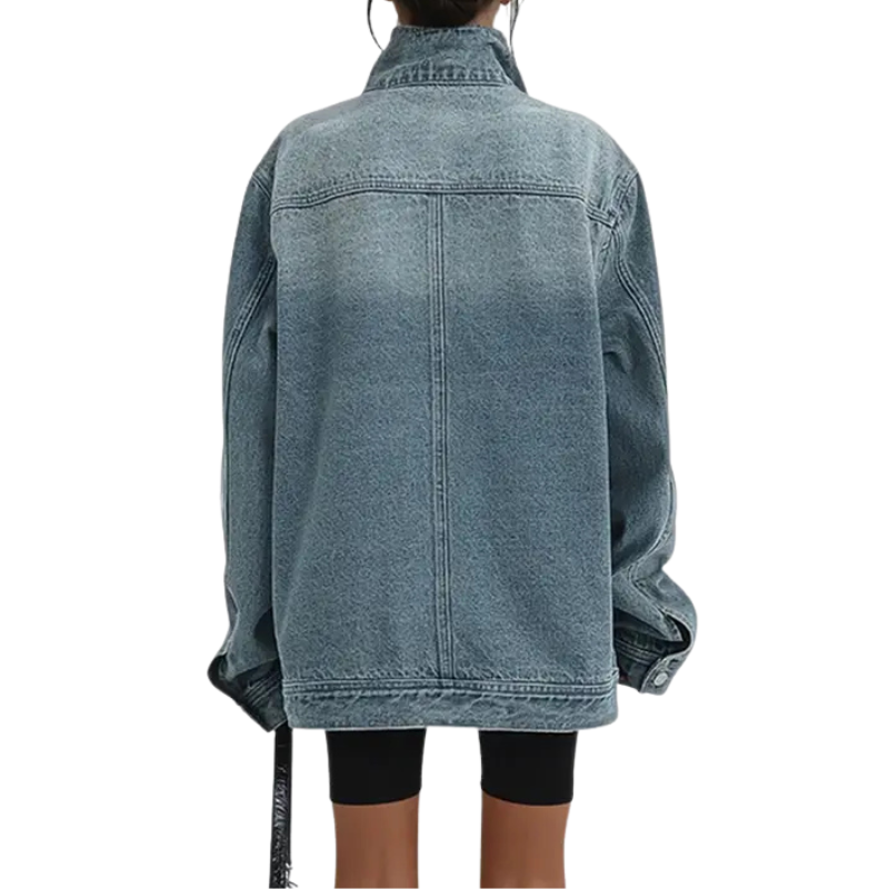 Women's Denim Jacket with Asymmetric Buttons and Stand Collar
